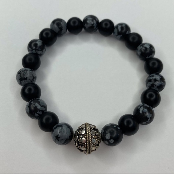 💰 𝕊 𝕠 𝕝 𝕕 💰 Onyx & Snowflake Obsidian Gemstone Stacking Stretchy Bracelet - Picture 3 of 12